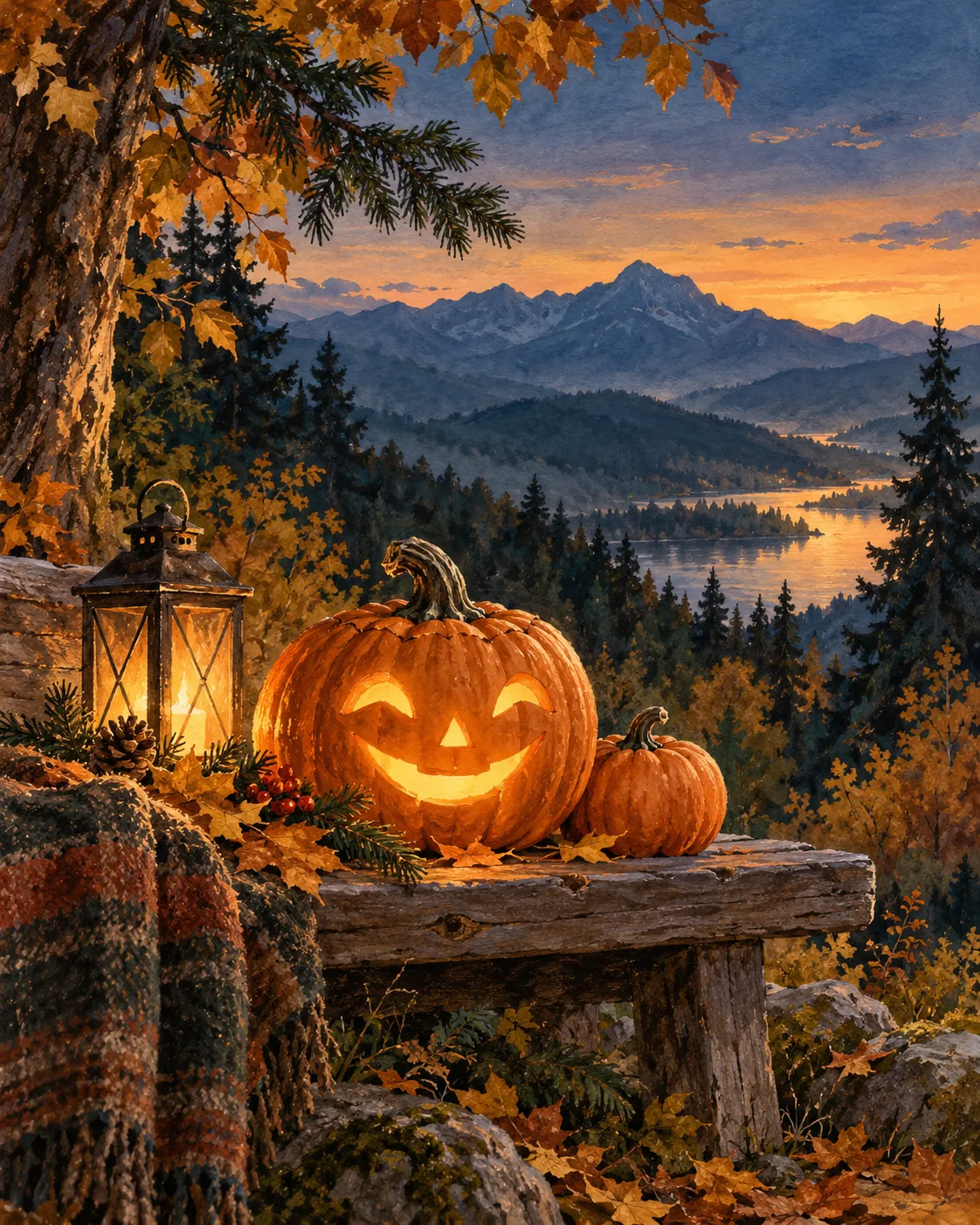 Illustration: leuchtender Halloween-Kürbis und Laterne vor einer herbstlichen Berglandschaft